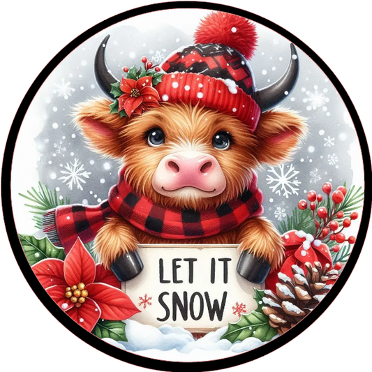 Christmas-themed design with a cow wearing a hat and scarf, surrounded by snowflakes and poinsettias, with 'Let it Snow' text.