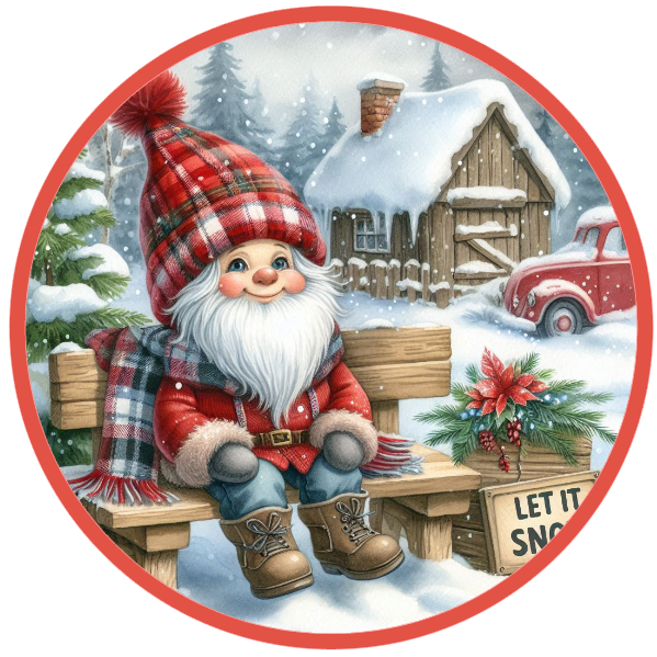 Christmas-themed image with a gnome, cabin, and car in a snowy landscape.