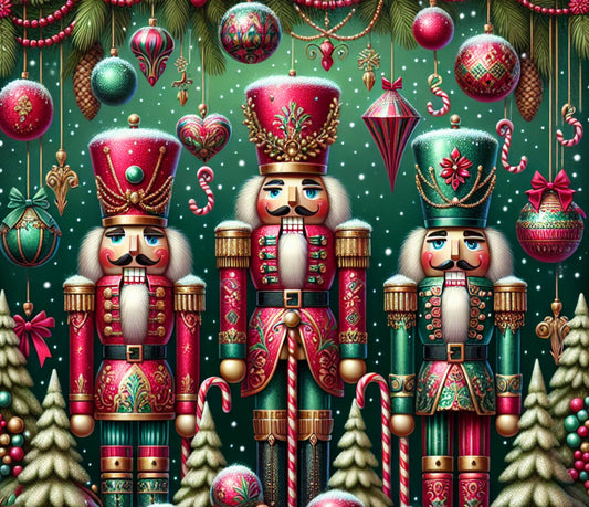 Three colorful nutcrackers with festive decorations 