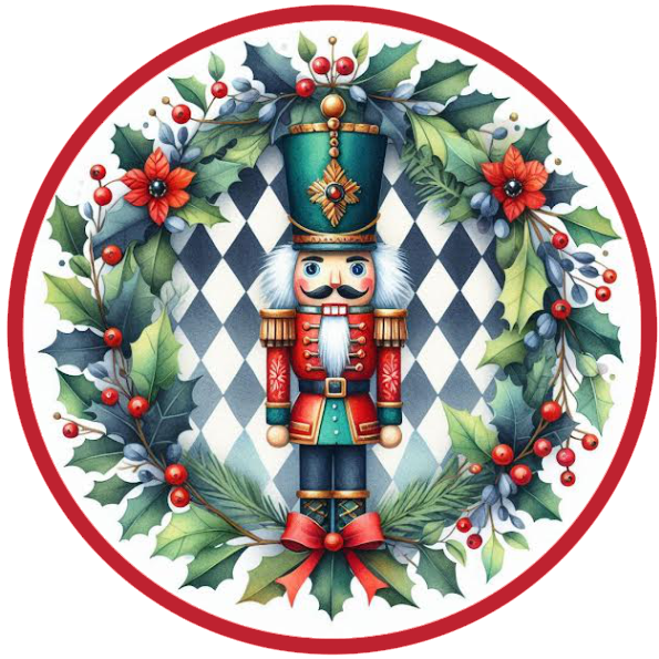 Nutcracker and holly wreath design on a white background