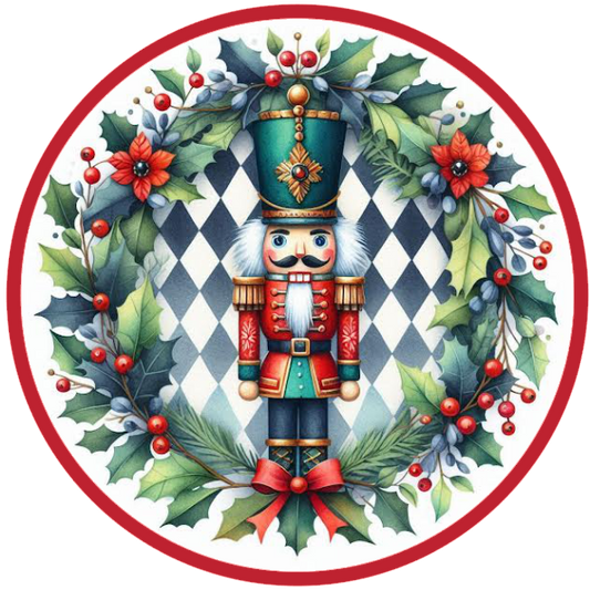 Nutcracker and holly wreath design on a white background