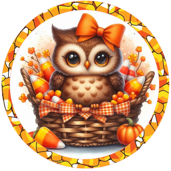 Owl with an orange bow in a basket surrounded by candy corn and autumn elements on a white background