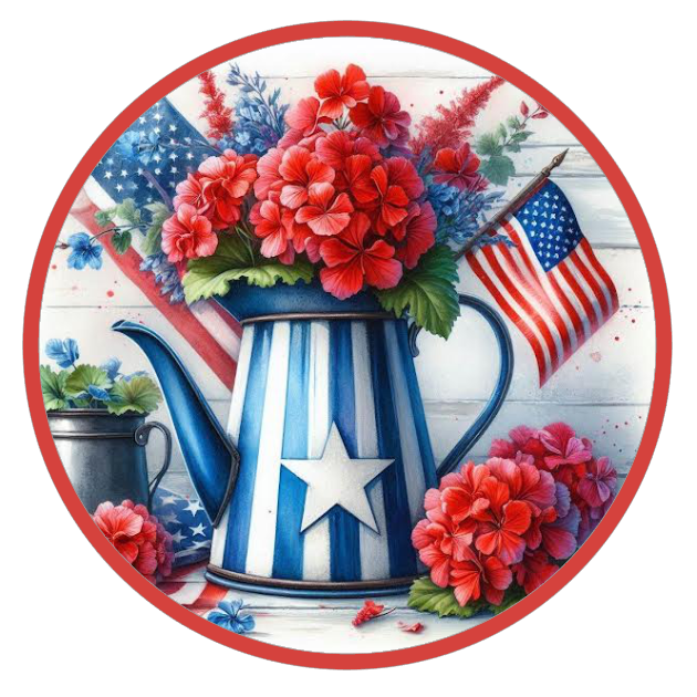 Watering can, flowers, and an American flag 