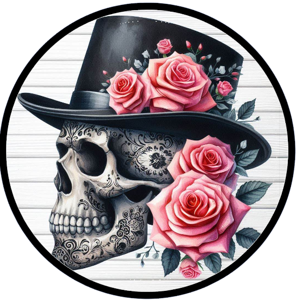 Skull wearing a top hat with pink roses 