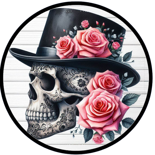 Skull wearing a top hat with pink roses 