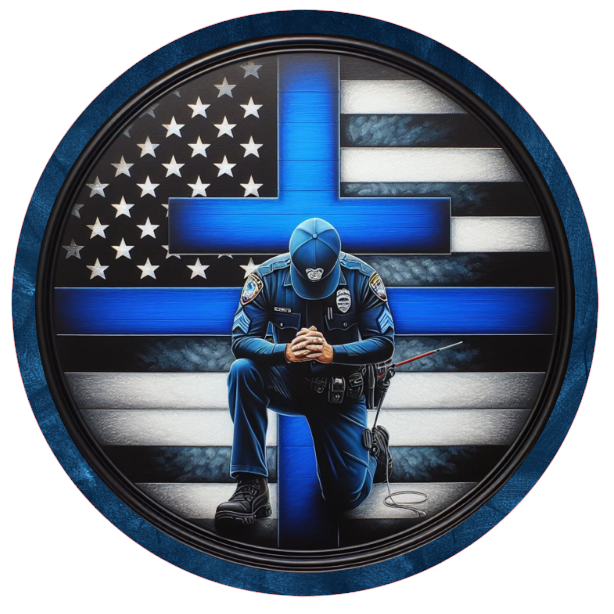 Police officer, American flag, and blue line 