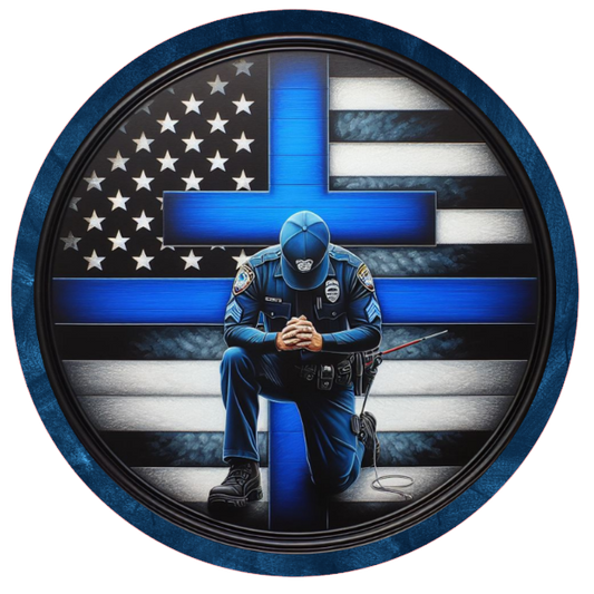 Police officer, American flag, and blue line 