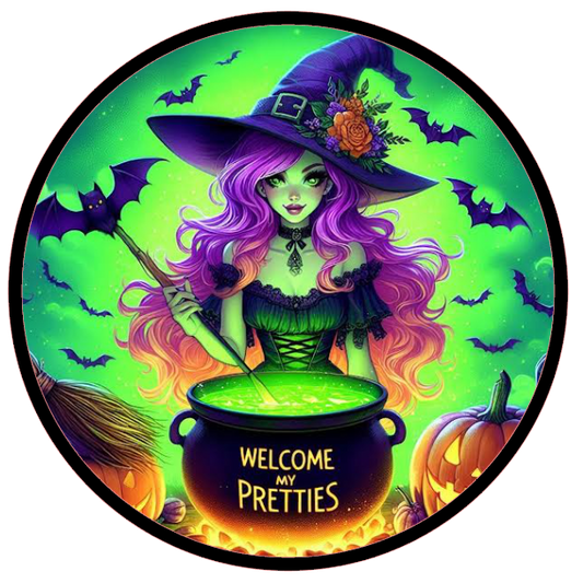 Halloween witch and text 'Welcome All Pretties' and a cauldron