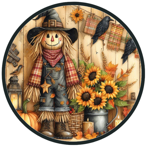 Scarecrow, sunflowers, and pumpkins 