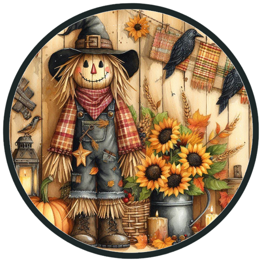 Scarecrow, sunflowers, and pumpkins 