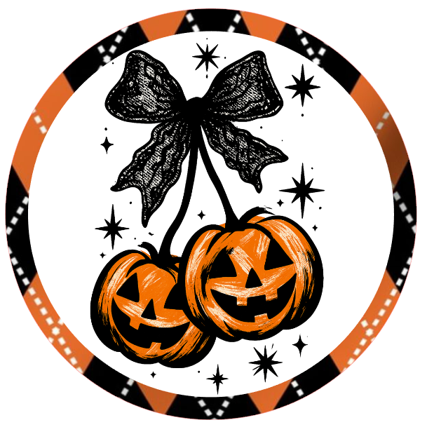Halloween-themed design with pumpkins, a bow, and decorative elements