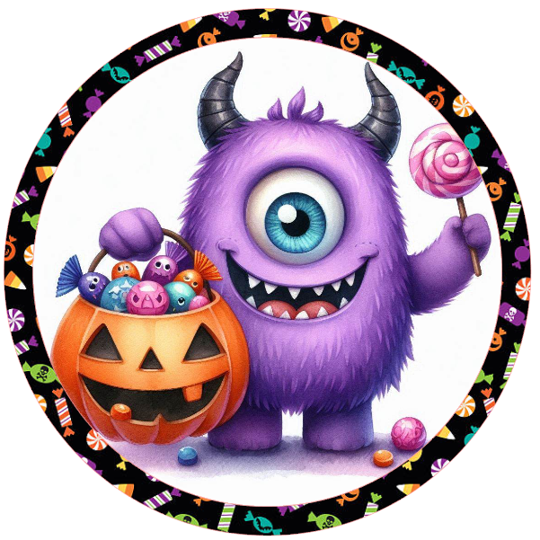 Purple monster with a candy bag and flower, surrounded by Halloween-themed elements