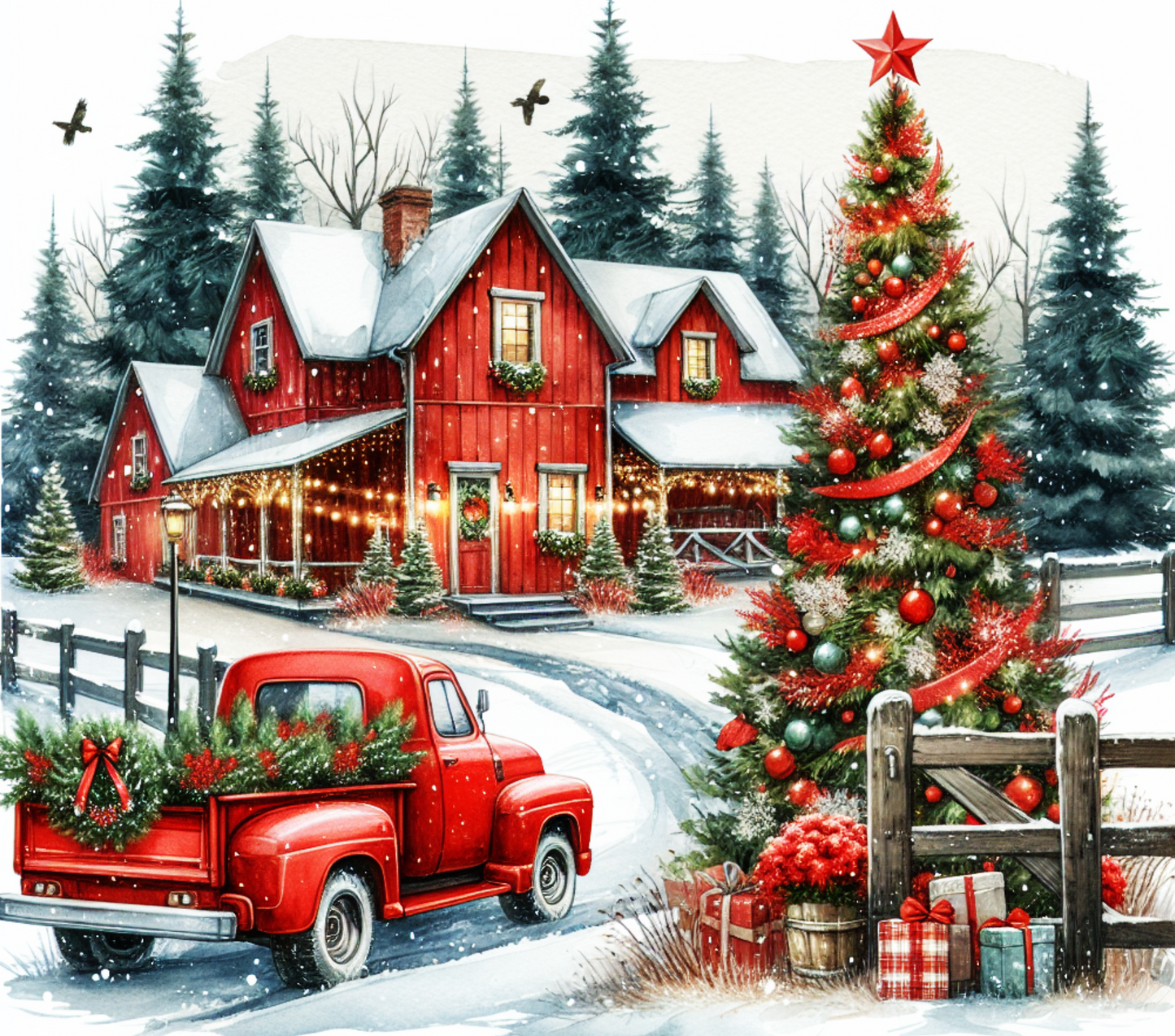 Christmas scene with a red house, truck, and decorated tree in a snowy landscape.