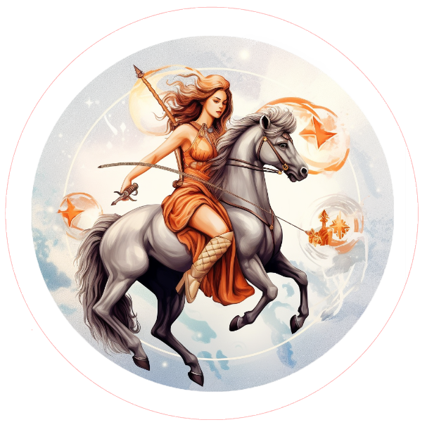 Sagittarius design with a woman on a horse, surrounded by flowers and leaves, 