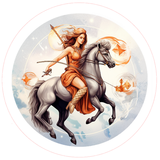 Sagittarius design with a woman on a horse, surrounded by flowers and leaves, 