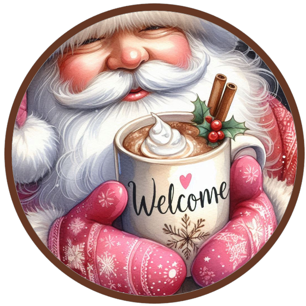 Santa Claus holding a mug labeled 'Welcome' on a white background