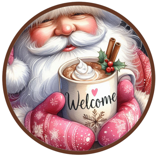 Santa Claus holding a mug labeled 'Welcome' on a white background