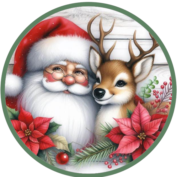 Christmas-themed design with Santa Claus and a deer surrounded by poinsettias on a white background.