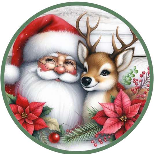 Christmas-themed design with Santa Claus and a deer surrounded by poinsettias on a white background.