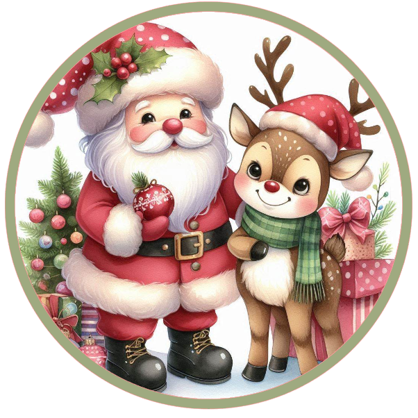  Santa Claus and a reindeer with Christmas elements on a white background