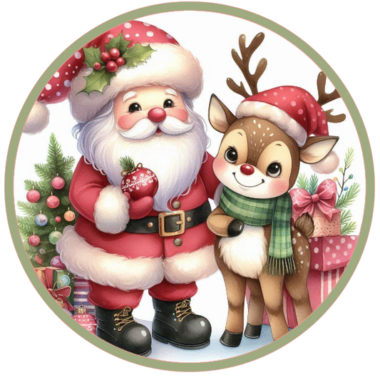  Santa Claus and a reindeer with Christmas elements on a white background