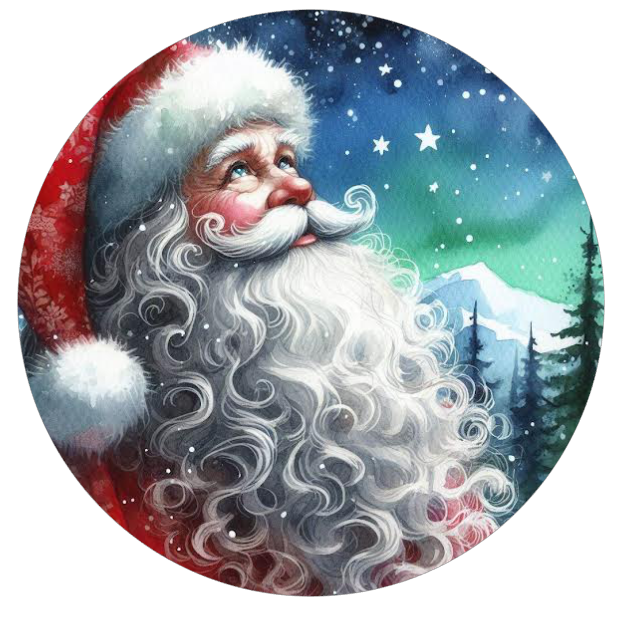 Illustration of Santa Claus with a snowy landscape background