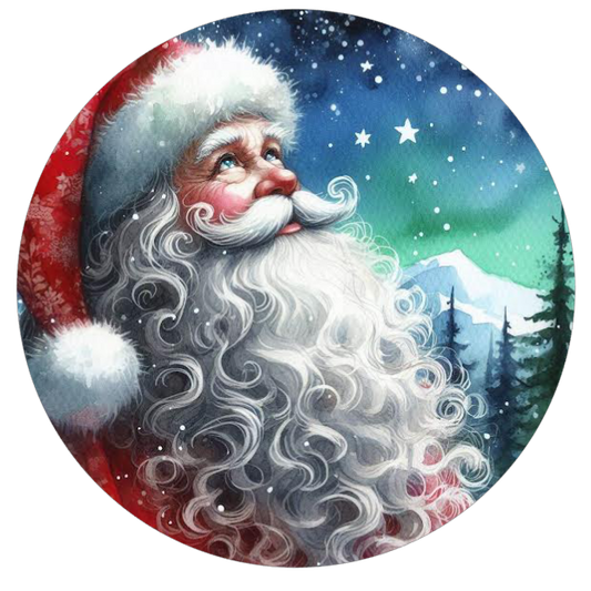 Illustration of Santa Claus with a snowy landscape background