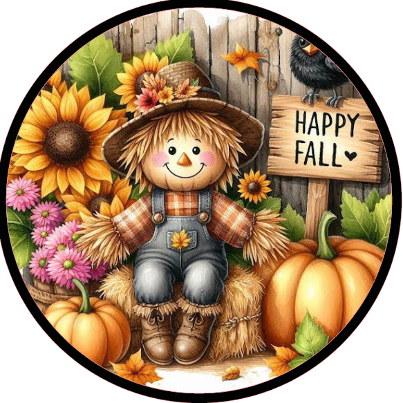 Scarecrow, pumpkins, and flowers, featuring 'Happy Fall' text.