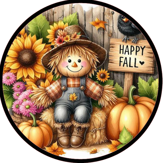 Scarecrow, pumpkins, and flowers, featuring 'Happy Fall' text.