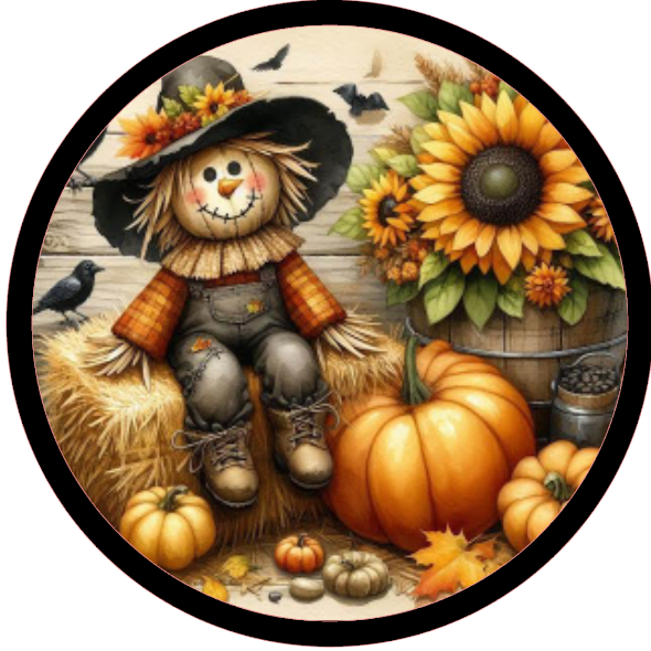 Scarecrow, pumpkins, and sunflowers 