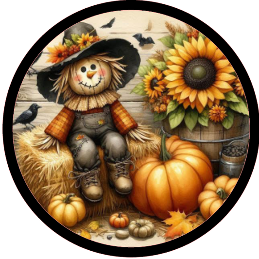 Scarecrow, pumpkins, and sunflowers 