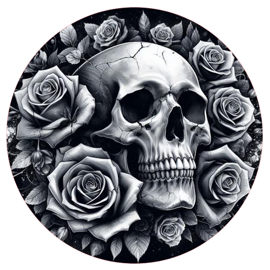 Skull surrounded by white roses 