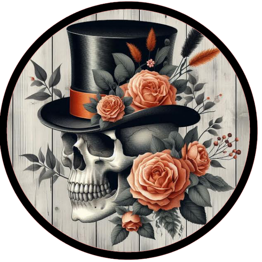 Skull wearing a top hat with roses 