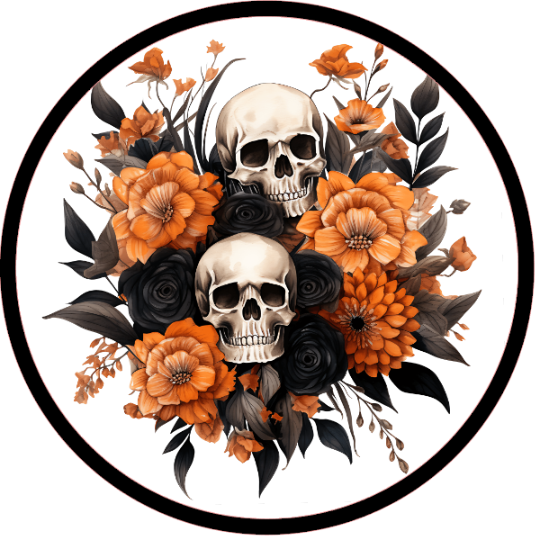 Skulls with black and orange flowers 