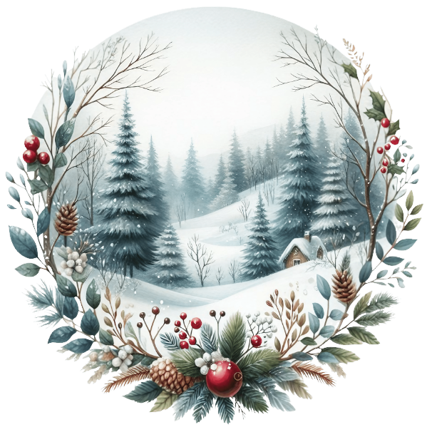 Winter scene with trees and decorative elements on a white background