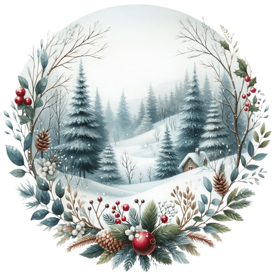 Winter scene with trees and decorative elements on a white background