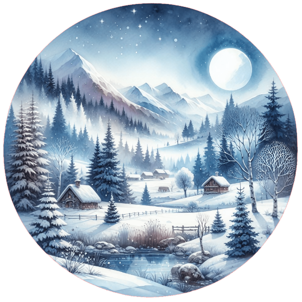 Image of a winter landscape with snow-covered trees and houses.