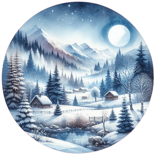 Image of a winter landscape with snow-covered trees and houses.