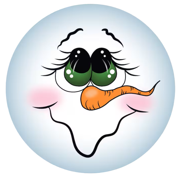 Cartoon snowman face with a blue bubble on a white background