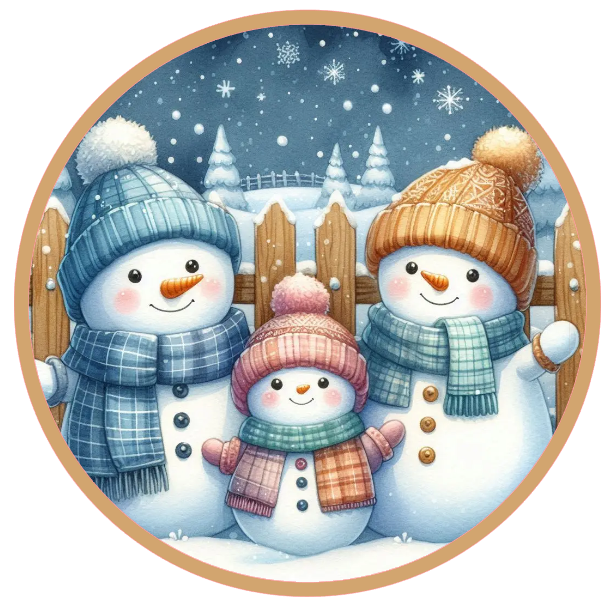 Three snowmen with hats and scarves standing in a snowy landscape.