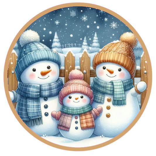 Three snowmen with hats and scarves standing in a snowy landscape.
