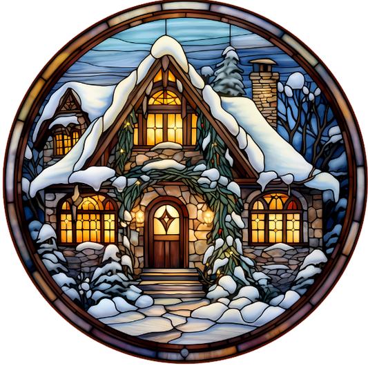 Snowy cabin scene on a white background