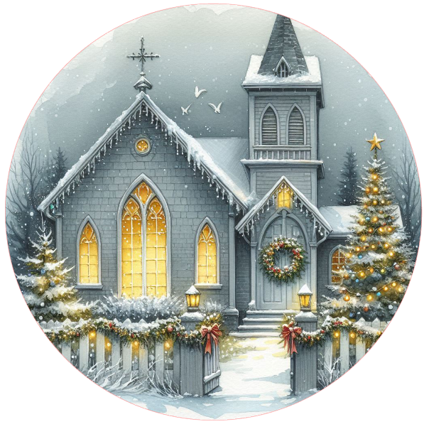 Winter scene of a church and trees, illuminated by warm lights.