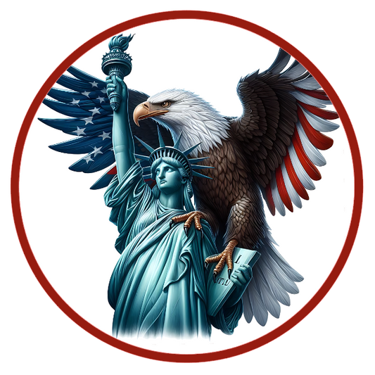 Eagle and the statue of liberty holding a flag 