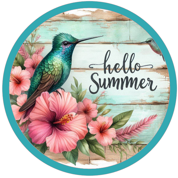 Hummingbird, flowers, and 'hello summer' text