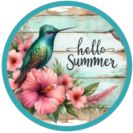 Hummingbird, flowers, and 'hello summer' text