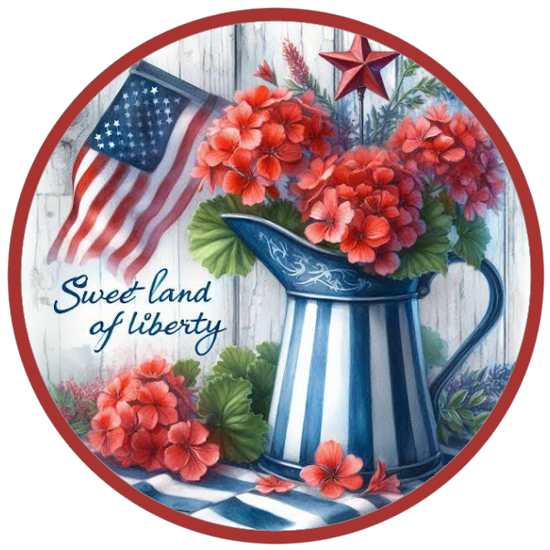 American flag, watering can, flowers, and 'Sweet Land of Liberty' text 