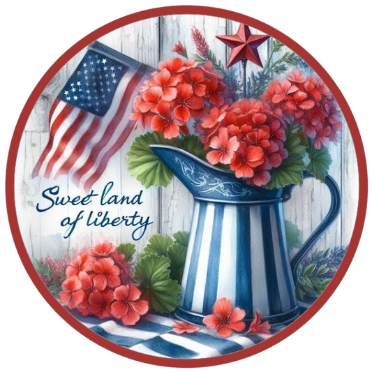 American flag, watering can, flowers, and 'Sweet Land of Liberty' text 