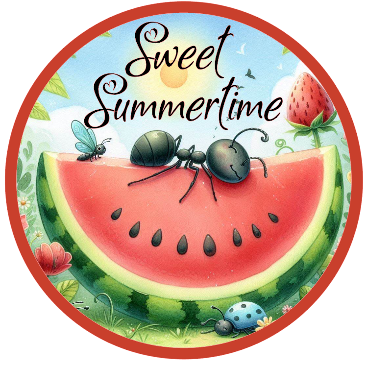Watermelon, ants, and strawberries with 'Sweet Summertime' text 