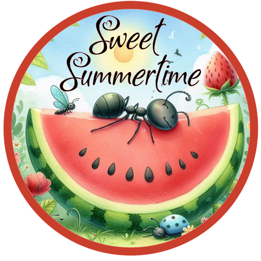 Watermelon, ants, and strawberries with 'Sweet Summertime' text 